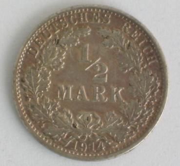 1/2 Mark 1914 A Deutsches Reich, 900er Silbermünze