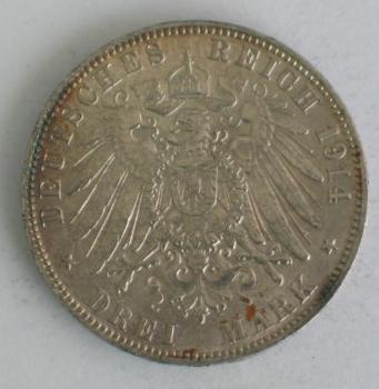 Preview: 3 Mark Kaiserreich "Hansestadt Hamburg" 1914 J aus 900er Silber