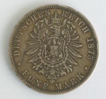 Preview: 5 Mark 1875 J "Freie und Hansestadt Hamburg", 900er Silbermünze