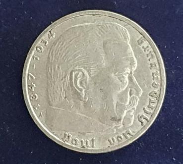 5 Reichsmark Drittes Reich "Hindenburg" mit HK, 1937 A aus 900er Silber