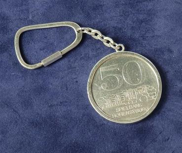 Schlüsselanhänger Silbermedaille Jeton 50 Spielbank Dortmund Hohensyburg, Silber 999, Gewicht: 39,4g