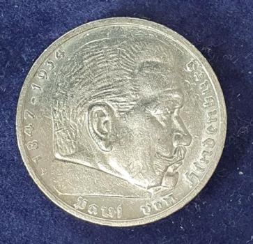 Preview: 5 Reichsmark Drittes Reich "Hindenburg" 1938 E aus 900er Silber KM94