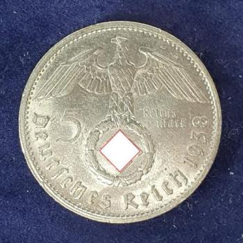 5 Reichsmark Drittes Reich "Hindenburg" 1938 G aus 900er Silber KM94
