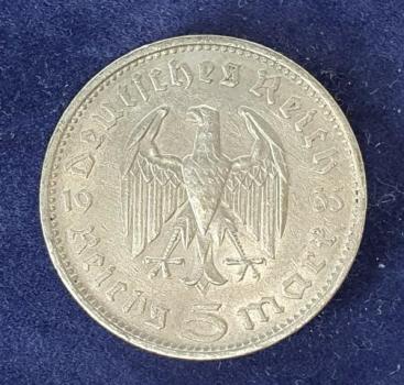Preview: 5 Reichsmark Drittes Reich "Hindenburg" 1935 F aus 900er Silber