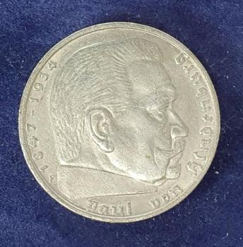 5 Reichsmark Drittes Reich "Hindenburg" 1935 F aus 900er Silber