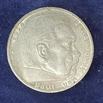 5 Reichsmark Drittes Reich "Hindenburg" 1935 G aus 900er Silber