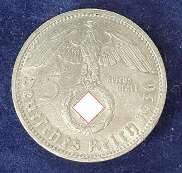 5 Reichsmark Drittes Reich "Hindenburg" 1936 D aus 900er Silber KM94