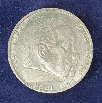 Preview: 5 Reichsmark Drittes Reich "Hindenburg" 1936 D aus 900er Silber KM94