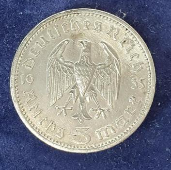 Preview: 5 Reichsmark Drittes Reich "Hindenburg" 1935 A aus 900er Silber