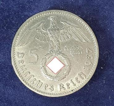 5 Reichsmark Drittes Reich "Hindenburg" 1937 D aus 900er Silber KM94