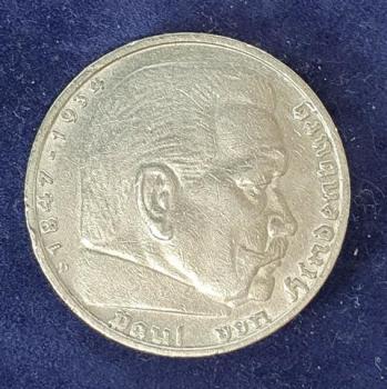Preview: 5 Reichsmark Drittes Reich "Hindenburg" 1937 D aus 900er Silber KM94