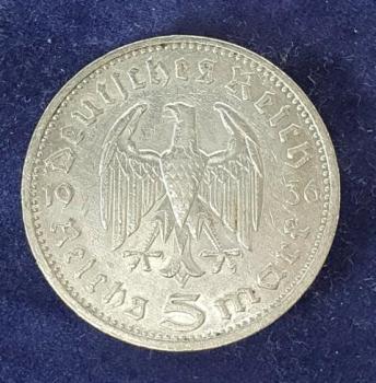 Preview: 5 Reichsmark Drittes Reich "Hindenburg" 1936 aus 900er Silber