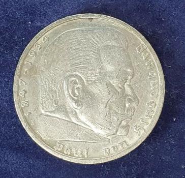 5 Reichsmark Drittes Reich "Hindenburg" 1936 aus 900er Silber