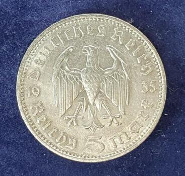 Preview: 5 Reichsmark Drittes Reich "Hindenburg" 1935 J aus 900er Silber