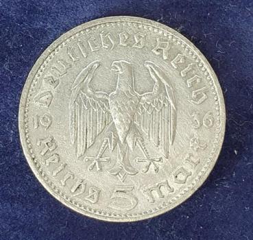 Preview: 5 Reichsmark Drittes Reich "Hindenburg" 1936 F aus 900er Silber