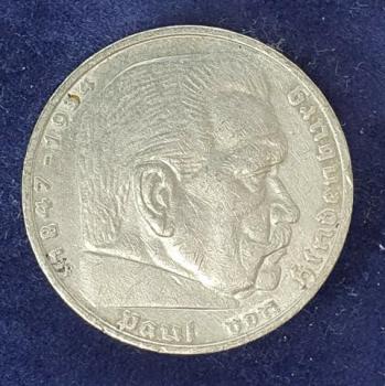 5 Reichsmark Drittes Reich "Hindenburg" 1936 F aus 900er Silber