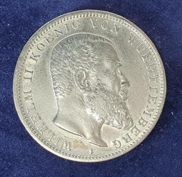 3 Mark Wilhelm II, König von Würtemberg" 1909 F aus 900er Silber