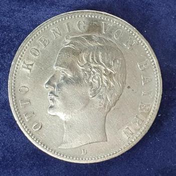 5 Mark Otto, König von Bayern 1908 D, 900er Silbermünze