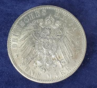 Preview: 5 Mark Otto, König von Bayern 1908 D, 900er Silbermünze