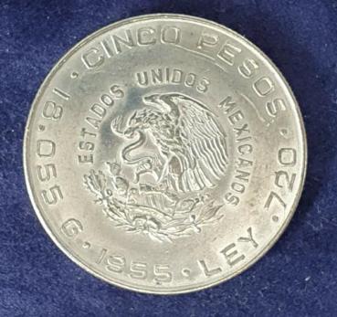 Cinco Pesos Mexiko 1955, 5 Pesos Hidalgo, Silber 720