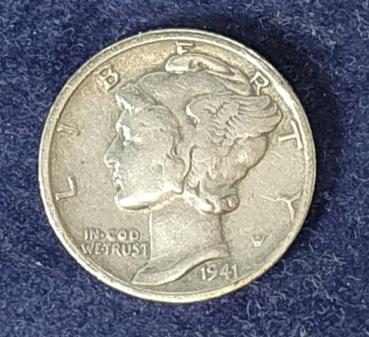 One Mercury Dime 1941 USA, Silber 900