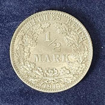 1/2 Mark - Wilhelm II Typ 2 - kleiner Schild, 1914 J Deutschland, 900er Silbermünze