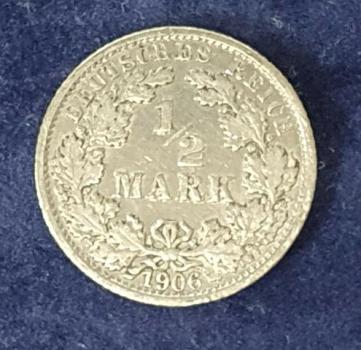 1/2 Mark - Wilhelm II Typ 2 - kleiner Schild, 1906 F Deutschland, 900er Silbermünze