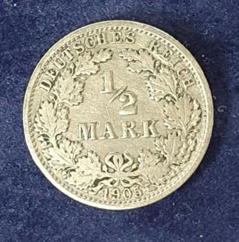 1/2 Mark - Wilhelm II Typ 2 - kleiner Schild, 1905 A Deutschland, 900er Silbermünze