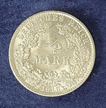 1/2 Mark - Wilhelm II Typ 2 - kleiner Schild, 1916 A Deutschland, 900er Silbermünze