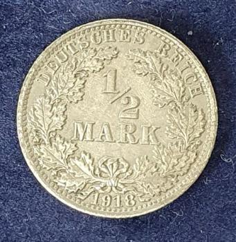 1/2 Mark - Wilhelm II Typ 2 - kleiner Schild, 1918 A Deutschland, 900er Silbermünze