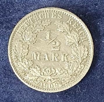 1/2 Mark - Wilhelm II Typ 2 - kleiner Schild, 1909 J Deutschland, 900er Silbermünze