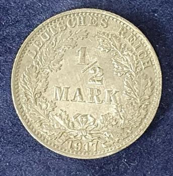 1/2 Mark - Wilhelm II Typ 2 - kleiner Schild, 1917 A Deutschland, 900er Silbermünze