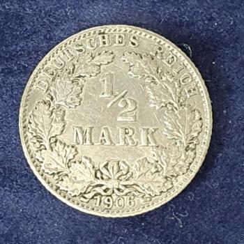 1/2 Mark - Wilhelm II Typ 2 - kleiner Schild, 1906 D Deutschland, 900er Silbermünze