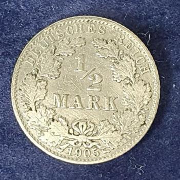 1/2 Mark - Wilhelm II Typ 2 - kleiner Schild, 1905 D Deutschland, 900er Silbermünze