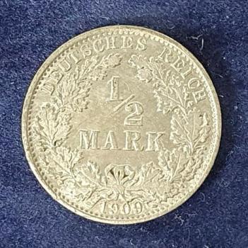 1/2 Mark - Wilhelm II Typ 2 - kleiner Schild, 1909 A Deutschland, 900er Silbermünze