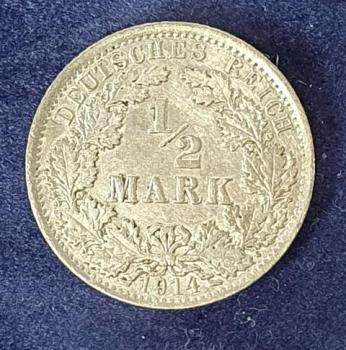 1/2 Mark - Wilhelm II Typ 2 - kleiner Schild, 1914 A Deutschland, 900er Silbermünze