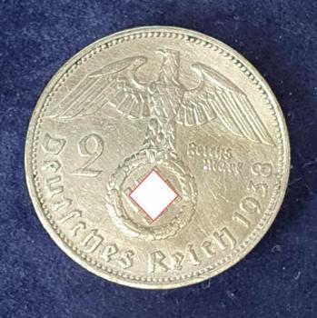 2 Reichsmark Hindenburg 1938 J, Deutsches Reich, 625er Silbermünze