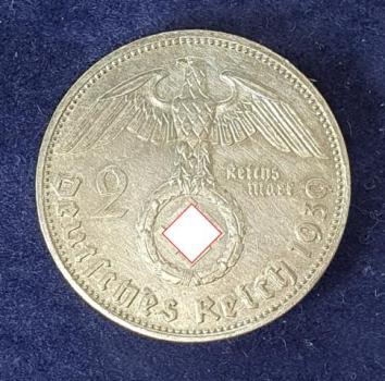 2 Reichsmark Hindenburg 1939 J, Deutsches Reich, 625er Silbermünze