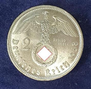 2 Reichsmark Hindenburg 1938 E, Deutsches Reich, 625er Silbermünze