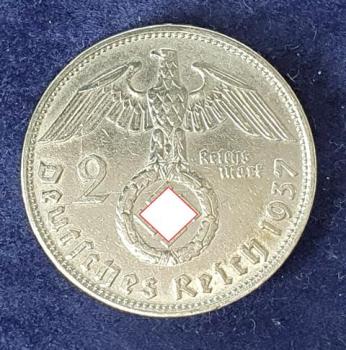 2 Reichsmark Hindenburg 1937 D, Deutsches Reich, 625er Silbermünze