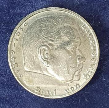 2 Reichsmark Hindenburg 1937 D, Deutsches Reich, 625er Silbermünze