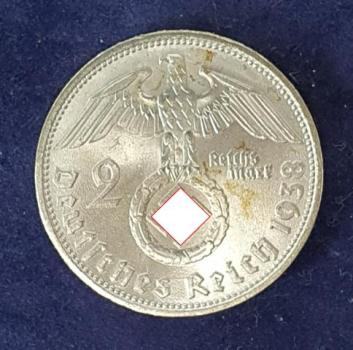 2 Reichsmark Hindenburg 1938 D, Deutsches Reich, 625er Silbermünze