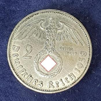 2 Reichsmark Hindenburg 1938 J, Deutsches Reich, 625er Silbermünze