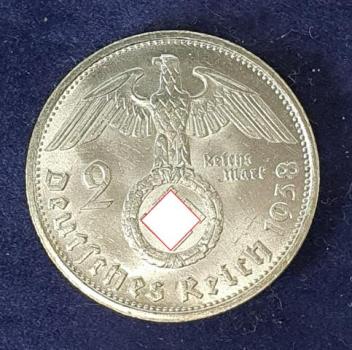 2 Reichsmark Hindenburg 1938, Deutsches Reich, 625er Silbermünze