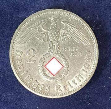 2 Reichsmark Hindenburg 1939, Deutsches Reich, 625er Silbermünze