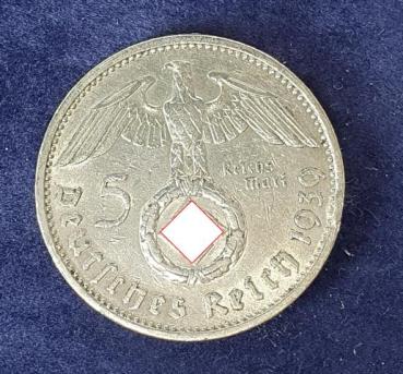 5 Reichsmark Drittes Reich "Hindenburg" 1939 A aus 900er Silber KM94