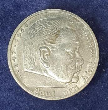 Preview: 5 Reichsmark Drittes Reich "Hindenburg" 1939 A aus 900er Silber KM94