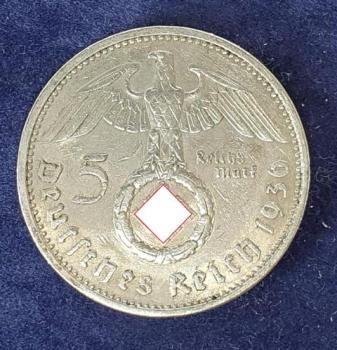 5 Reichsmark Drittes Reich "Hindenburg" 1936 A aus 900er Silber KM94