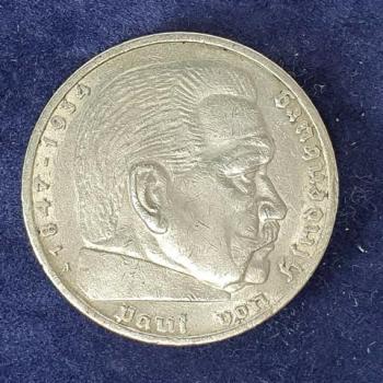 Preview: 5 Reichsmark Drittes Reich "Hindenburg" 1936 A aus 900er Silber KM94
