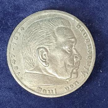 Preview: 5 Reichsmark Drittes Reich "Hindenburg" 1939 B aus 900er Silber KM94